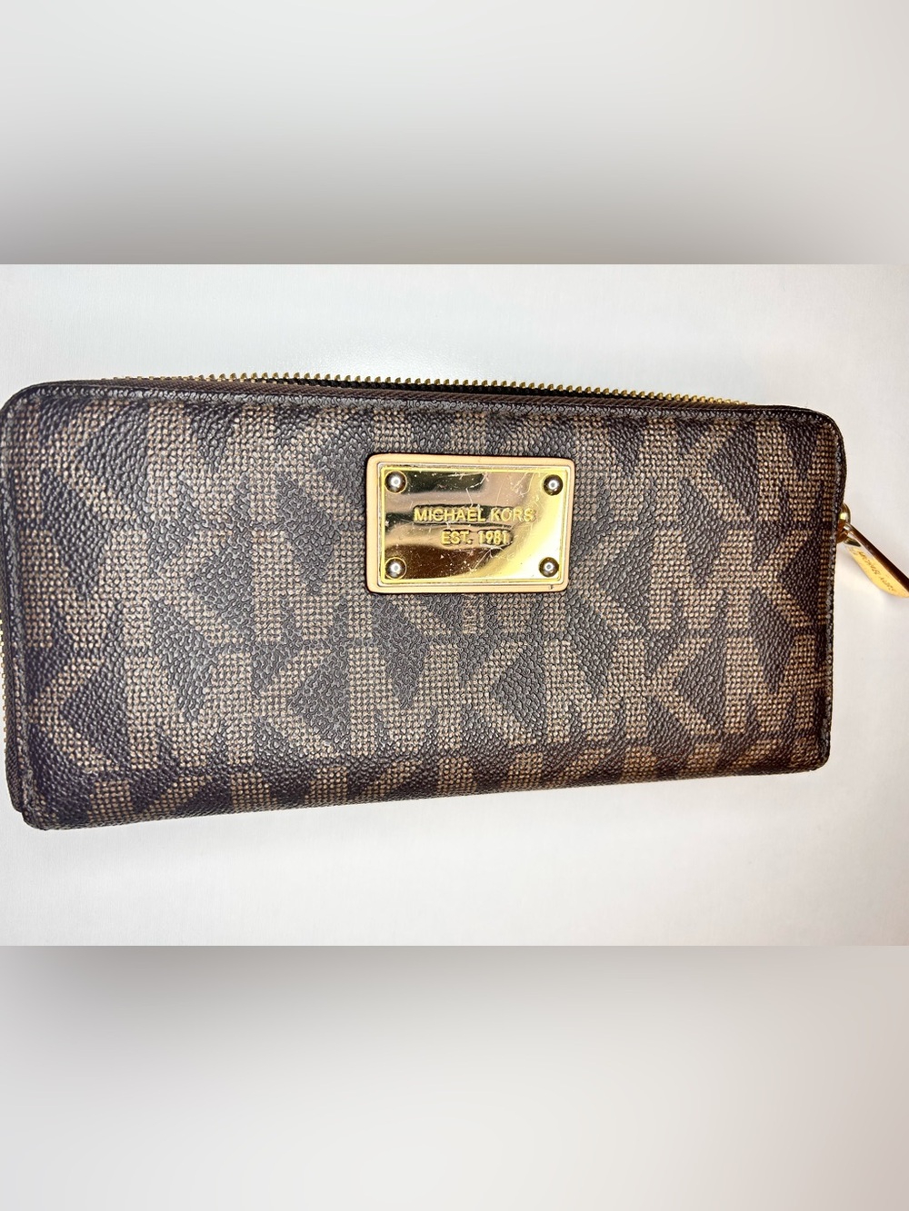 Michael Kors Brown MK Monogram Zip-Around Wallet with Gold Plate
